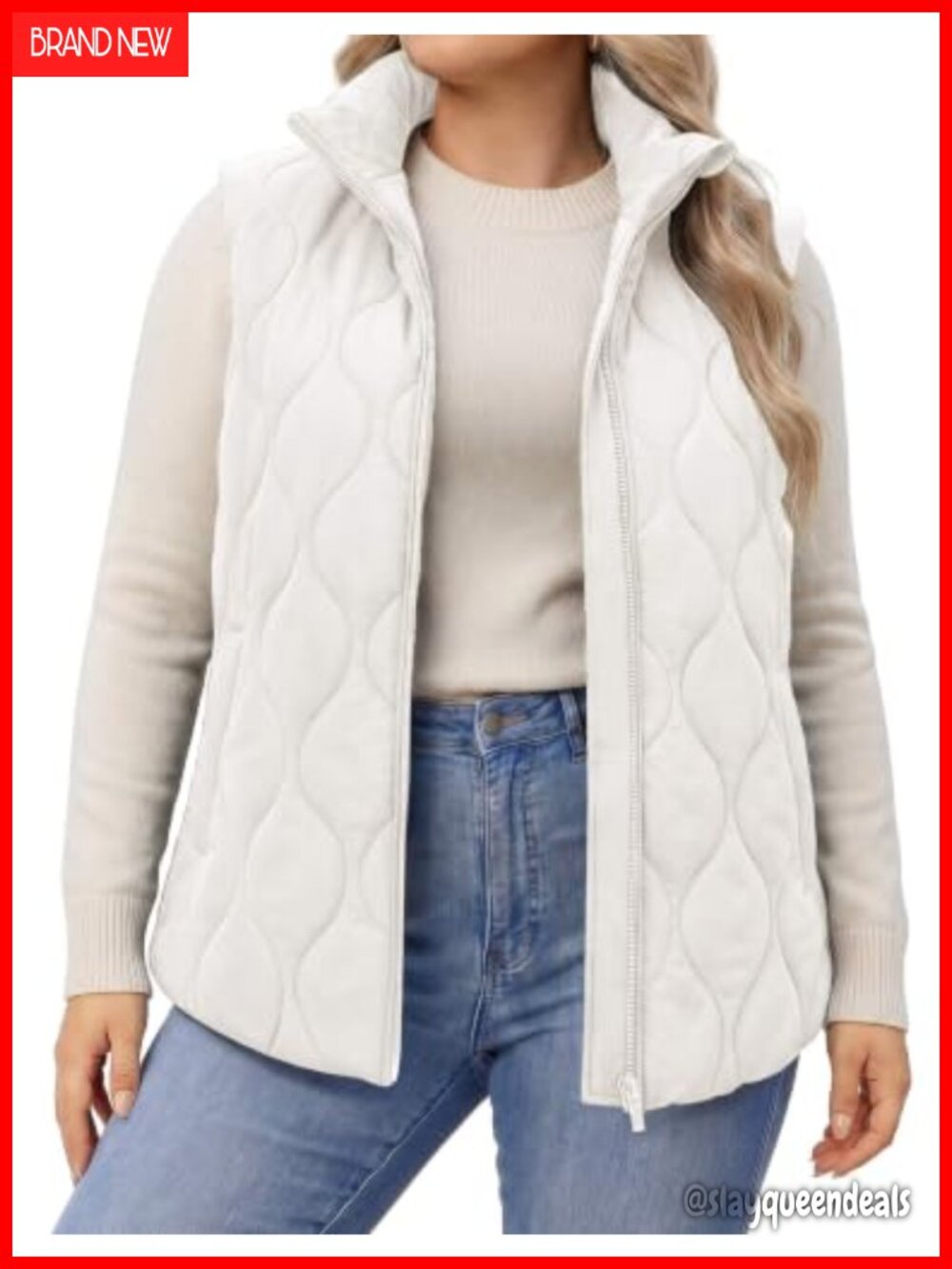 Plus Size Puffer Vest Quilted Jacket with Pockets Stand Collar Zip Up